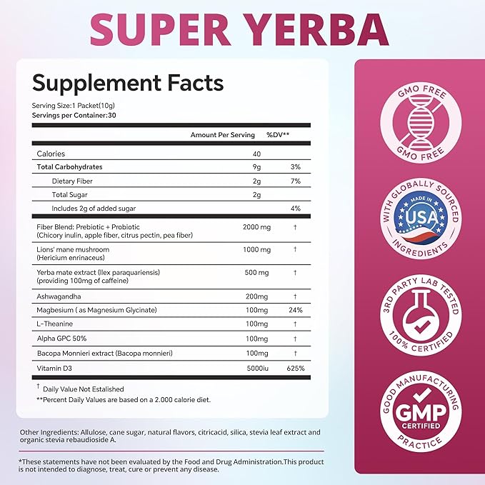 ZOOONE Super Yerba Mate tea Instant Powder 90 Packets- Raspberry Lemonade Flavor | Servings Clean Energy & Focus Boost Brain Fog Buster| Gut Support, Antioxidants ((90 Pocket)