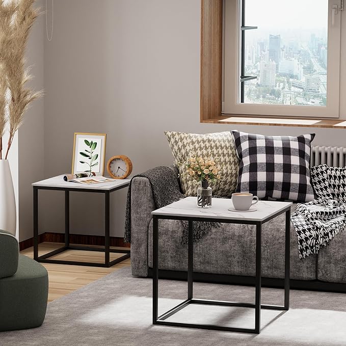 VILAWLENCE Coffee Table Set of 2, Modern Black Wooden Side Table, Metal Frame Square End Table, Center Tables,Nesting Coffee Table for Living Room,Bedroom and Small Spaces