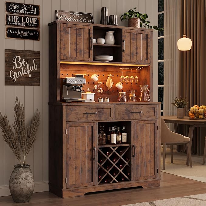 72" Coffee Bar Cabinet with Power Outlet & LED Light, Farmhouse Large Kitchen Hutch with Sliding Barn Door, Tall Bar Cabinets with Storage Drawers & Wine Glass Rack,Pantry China Cabinet,Vintage Brown