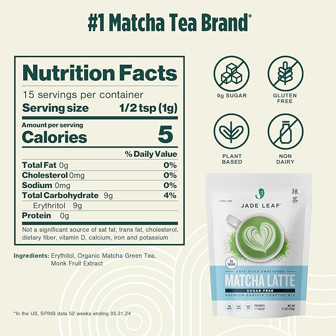Jade Leaf Matcha Organic Cafe Style Sugar Free Matcha Latte Green Tea Powder, Premium Barista Crafted Mix, Authentically Japanese, 15 Servings (5.3 Ounce Pouch)