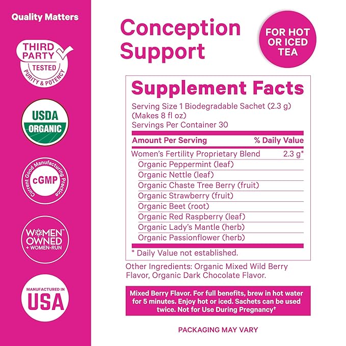 Pink Stork Organic Fertility Tea for Women with Chaste Tree Berries (Vitex) to Support Conception for Her - Hormone Balance with Mint and Red Raspberry Leaf, 15 Sachets