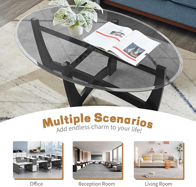 48" Oval Glass Coffee Table with Black Tempered Glass Top Cross and Solid Wood Base Simple & Modern Center Table for Living Room Office Apartment Black