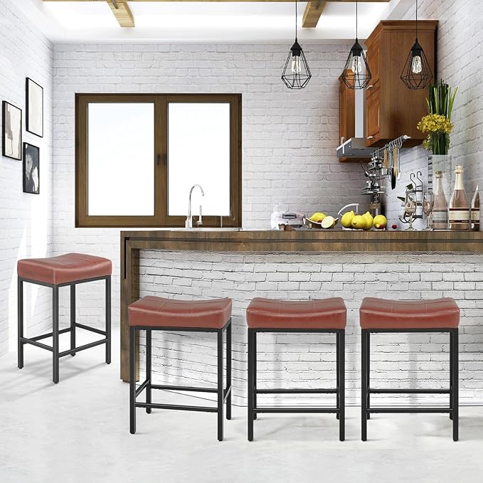 Athena Collection Counter Height Bar Stools Set of 2, 26 Inches Saddle Bar Stools with Leather Upholstered and Metal Legs, Backless Barstools for Counter, Kitchen Island, Dining Room, Mocha