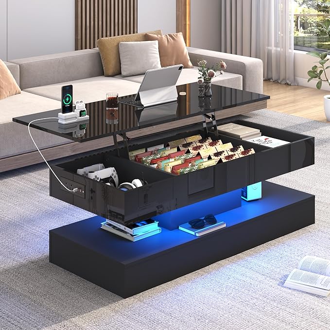 47.2" Large Lift Top Coffee Table,Modern High Glossy LED Coffee Tables for Living Room with Storage,Black Living Room Tables for Living Rooms,Dining Room,Bedroom Home Office,APP LED Lights(Black)