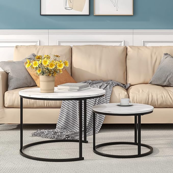 Nesting Round Coffee Table Set of 2 End Tables for Living Room,Circular and Marble Coffee Table Wooden Accent Furniture with Metal Frame,Stacking Side Tables,Black