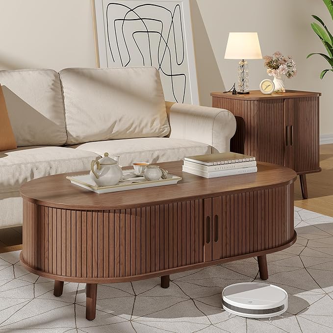 Alohappy Oval Coffee Table, Mid Century Modern Coffee Table with Sliding Tambour Door, Fluted Center Table with Hidden Storage, Curved Profile Dining Table for Living Room, Home Office,Walnut