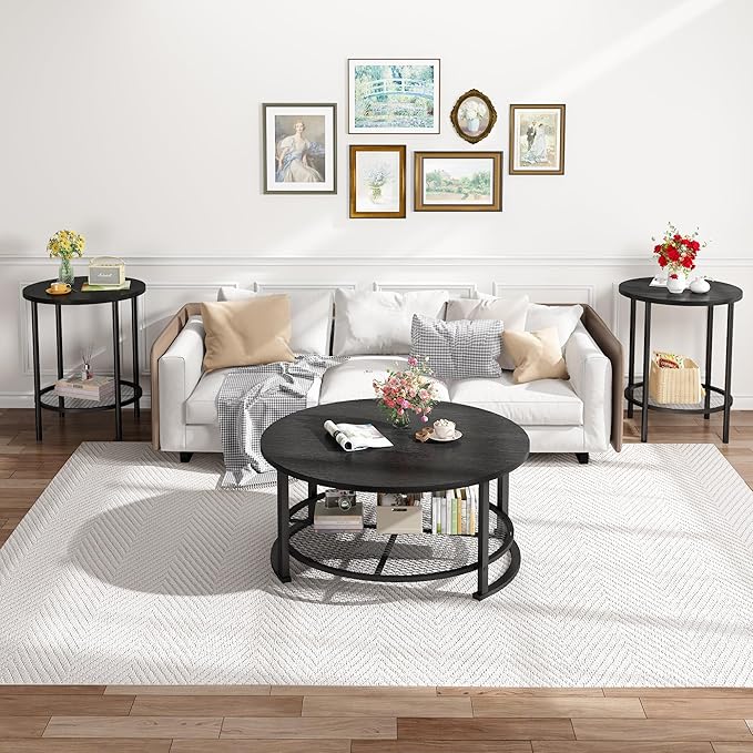 DKLGG 3 Pieces Black Coffee Tables for Living Room Table Sets, Round Wooden Coffee Table 3-Piece, Coffee and End Tables with Open Storage for Apartment Home Office, Small Spaces (Black)