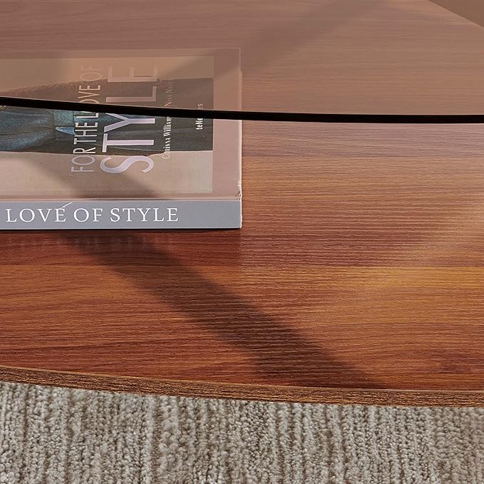 Oval Glass Coffee Table, Mid-Century Modern Design, L43 x W21 x H17 inch, for Living Room, 2-Tier Structure, Amber Glass Top, Walnut Finish Wood Shelf & Gold Finish Frame