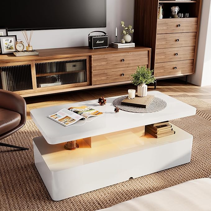 Spurgehom Contemporary Coffee Tables for Living Room, LED Coffee Table with Rounded Corner in 16 Colors, High Gloss 2 Tiers Table with Hidden Power Supply