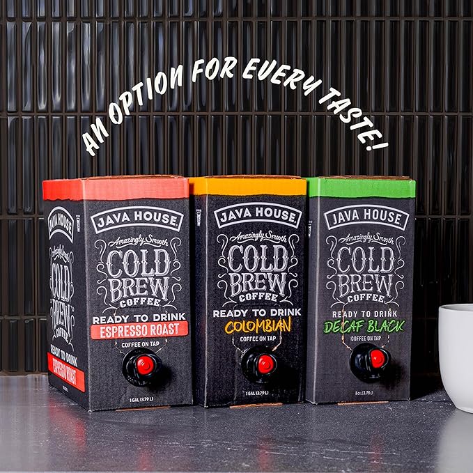 Java House Cold Brew Coffee on Tap (Pack of 2) – Premium 100% Arabica Dark Roast – Smooth Espresso Flavor with Dark Chocolate Notes – 1 Gallon Box (16 Servings) – Ready to Drink, No Brewing Required, Fridge-Friendly
