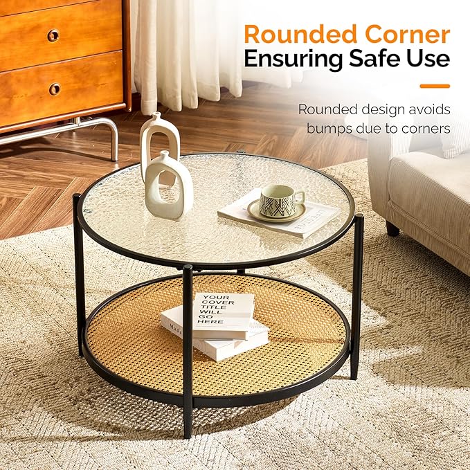 VINGLI 30" Round Coffee Table with Rattan Shelf, Glass Coffee Tables for Home Decor, Modern Coffe Table with 2-Tier Storage, Circle Center Table for Living Room, Office, Small Space, Black