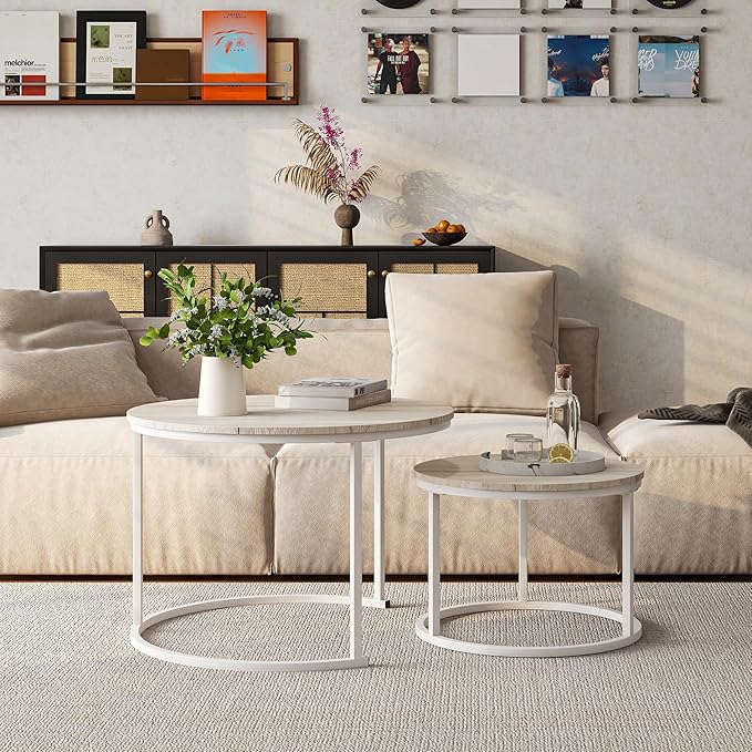 Round Coffee Table Set of 2 End Tables for Living Room,Modern White Coffee Table Nesting Tables,Living Room Tables Wood Furniture Metal Frame,Sturdy Stacking Side Tables,Easy Assembly,Oak