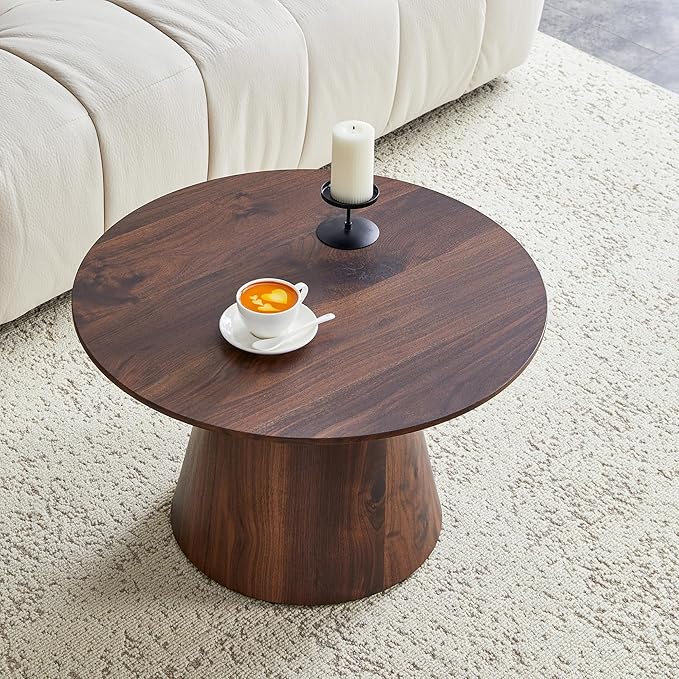 25.6" Small Round Coffee Table, Wood Mid Century Modern Coffee Tables with Pedestal Base, Space Saving Circle Center Table for Living Room, Small Space, Apartment (Walnut)