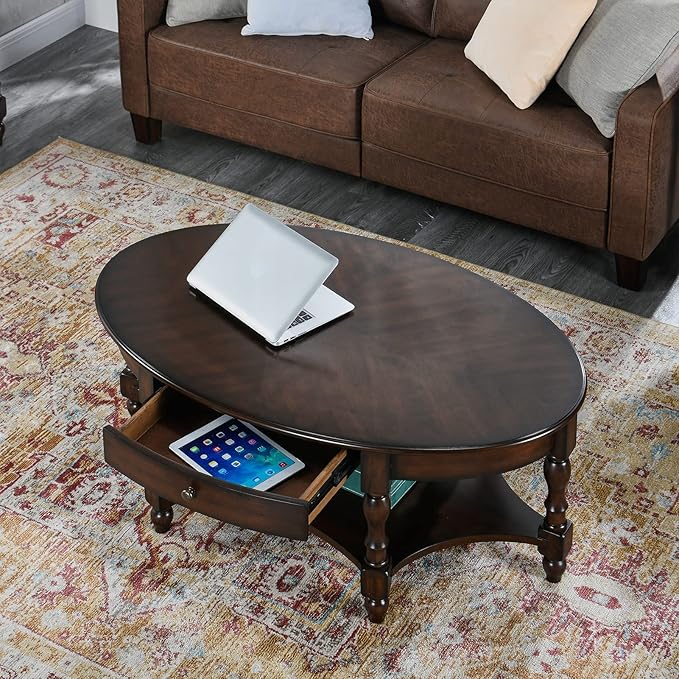 Solid Wood Oval Coffee Table with Drawer and Storage Shelf, 44.9" Traditional Retro Center Table Polished Edging Cocktail Tea Table for Living Room Bedroom Home, Vintage Walnut