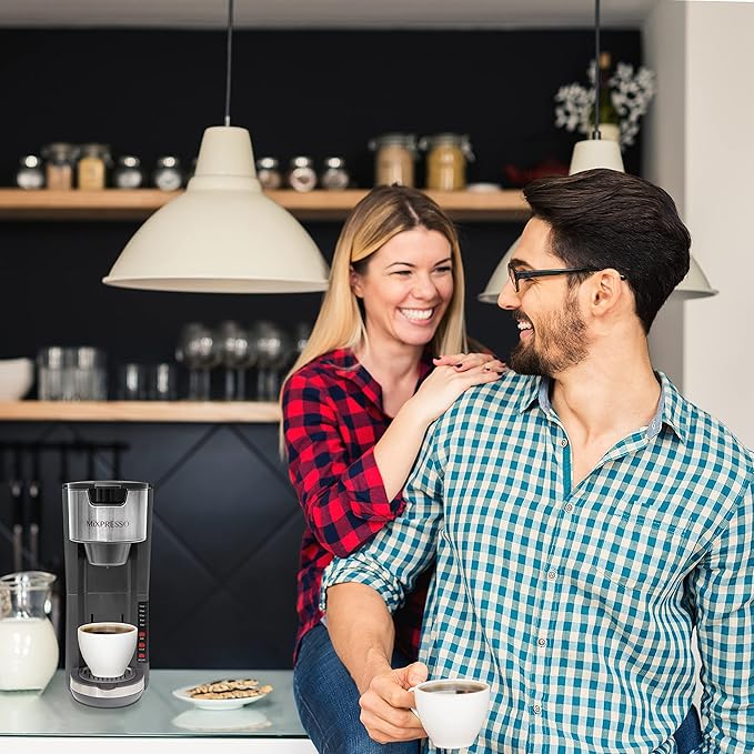 Mixpresso Gray Single Serve Coffee Brewer K-Cup Pods Compatible & Ground, 30 oz Compact Coffee Maker Single Serve With 5 Brew Sizes Up To 14 Oz, Fits Travel Mug, Adjustable Drip Tray