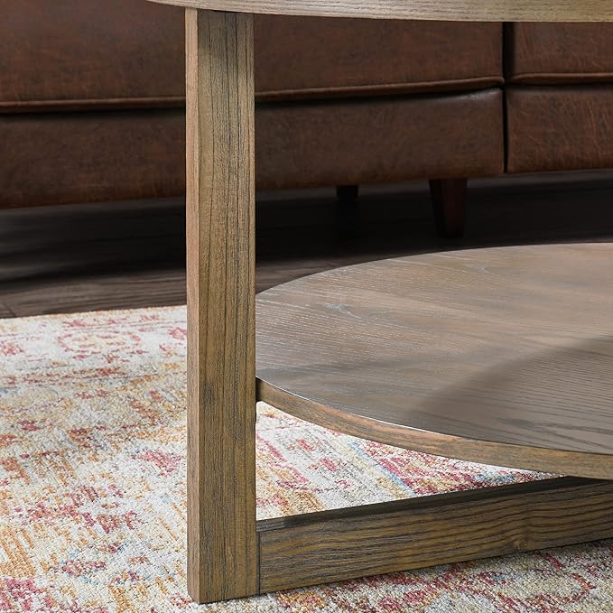 PADMA HOUSE 33.5" Round Wood Coffee Table, 2-Tier Solid Wood Rounded Circle Accent Coffee Table Center Cocktail Table Vintage Furniture for Home Living Room Bedroom,Yellowish Brown 3338