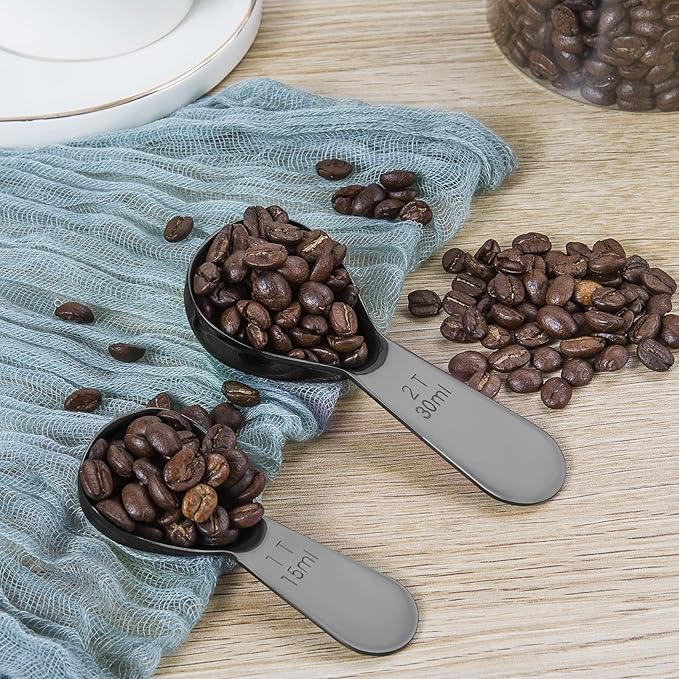 Stainless steel coffee scoop 2-piece set (1 tbsp, 2 tbsp) durable Tablespoon, ergonomic measuring spoon, Suitable for small and large jars,short-handled spoon (Black)