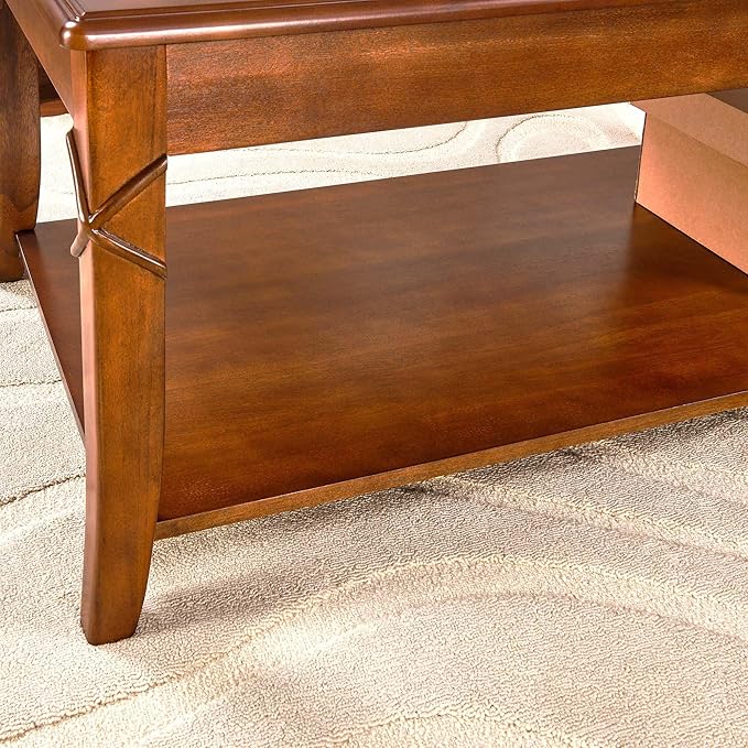 PADMA HOUSE Solid Wood Coffee Table with Shelf, Vintage Rectangle Cocktail Table with Dual Hourglass Tabletop, Apartment Center Sofa Table with Curved Legs for Living Room, 43.3 * 23.6 * 17.7in