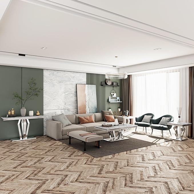 2 Piece Living Room Table Set, Luxury Coffee Table Set with Gray Top & Silver Diamond-Shaped Stainless Steel Frame, 1 Coffee Table + 1 End Table for Home Office