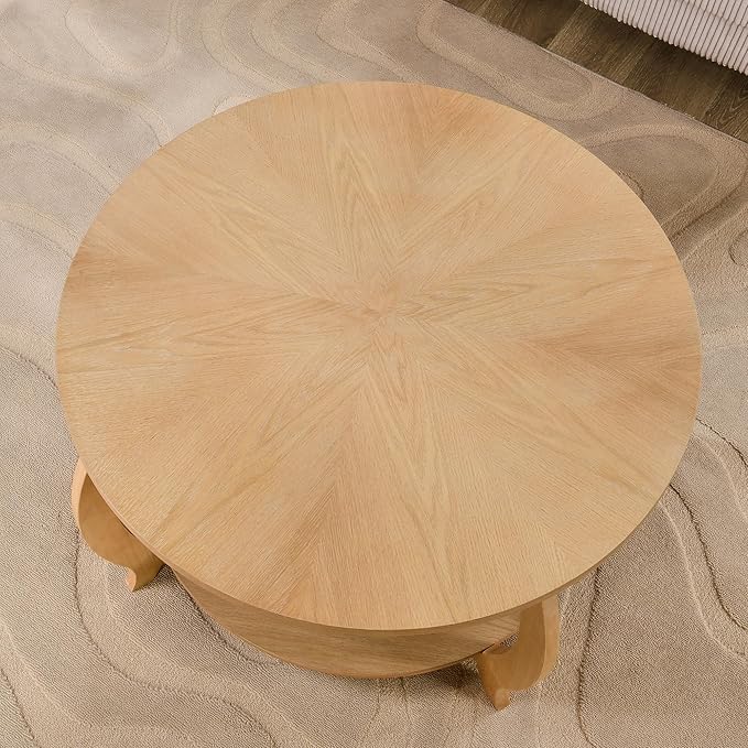 32.3” Round Coffee Table with Storage Shelf, Classic Living Room Tables with Oak Wood Veneer Tabletop, Cocktail Tea Table- with Curved Leg, 220 LBS Capacity, Easy Assembly Natural KFZ-D10040-LT
