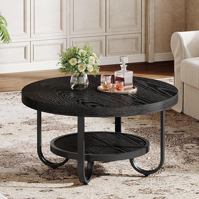 Tribesigns Round Coffee Table, 31.5" Modern Wood Circle Center Table with Storage Shelf and Metal Frame, 2-Tier Industrial Accent Cocktail Table for Living Room, Small Space, Apartment, Black