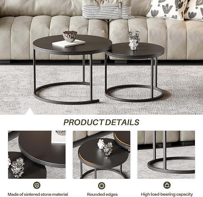 Round Nesting Coffee Table, Black Modern Decorative Coffee Center Table Set of 2, Sintered Stone Coffee Table for Living Room with Sturdy Metal Frame.