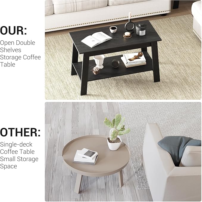 31.5 Inch Coffee Table with 2-Tier Storage – Modern Industrial Farmhouse Coffee Table for Living Room, Compact Durable MDF & Particle Board, Easy Assembly, Black Center Table for Living Room or Office