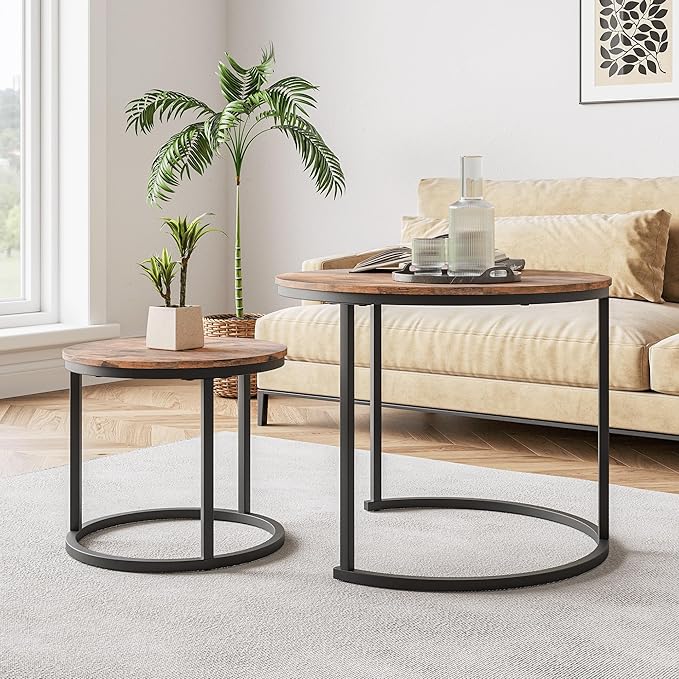 Small Coffee Table Living Room, Black Round Coffee Table Nesting Table Set of 2,Metal Frame with Wood Sofa Table,Sturdy and Easy Assembly,Stacking Side Table for Bedroom,Office,Balcony
