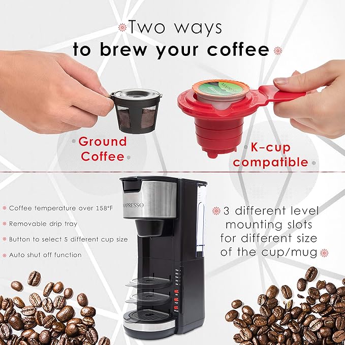 Mixpresso Black Single Serve Coffee Brewer K-Cup Pods Compatible & Ground, 30 oz Compact Coffee Maker Single Serve With 5 Brew Sizes Up To 14 Oz, Fits Travel Mug, Adjustable Drip Tray