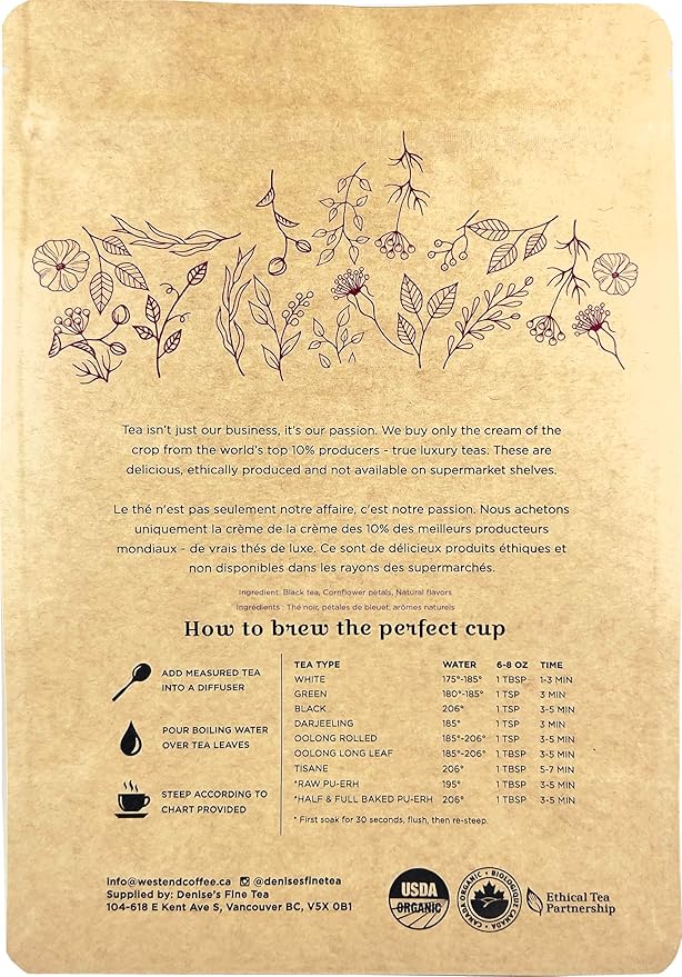 Denise's Fine Tea, USDA Organic, Earl Grey, English Favorites Tea, 50 tea bags (100g)