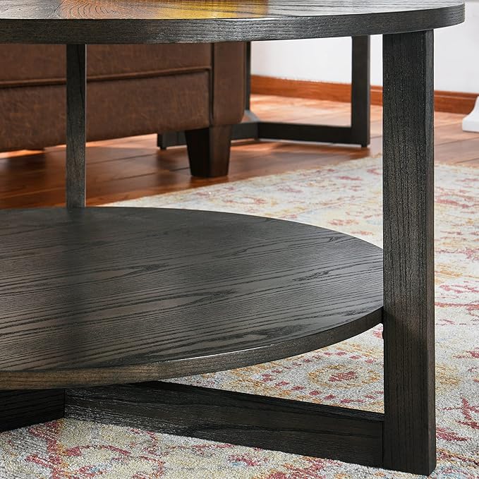 PADMA HOUSE 33.5" Round Wood Coffee Table, 2-Tier Solid Wood Rounded Circle Accent Coffee Table Center Cocktail Table Vintage Furniture for Home Living Room Bedroom,Black Brown 3338BK