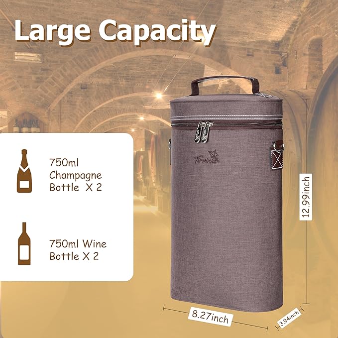 Tirrinia 2 Bottle Wine Gift Tote Carrier - Leakproof & Insulated Padded Versatile Wine Cooler Bag for Travel, BYOB Restaurant, Party, Dinner, Gift for Wine Lovers, Brown