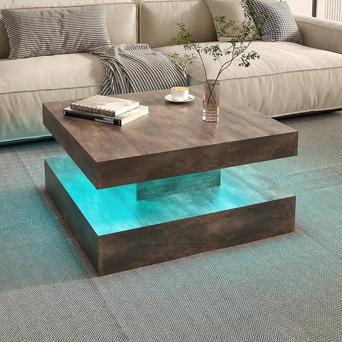 LED Coffee Table for Living Room, Living Room Table 2-Tier Square Middle Center Table, Modern Coffee Tables with Storage, Contemporary Wood Tea Tables for Dining Reception, Rustic