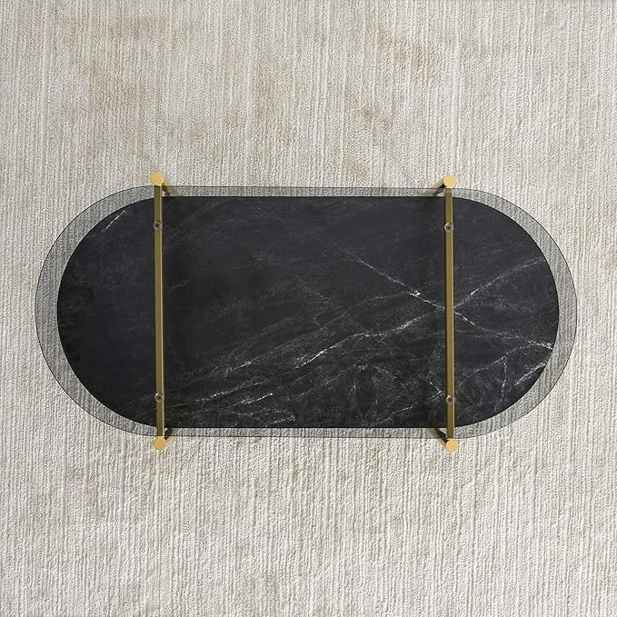 Oval Glass Coffee Table, Mid-Century Modern Design, L41 x W21 x H17 inch, for Living Room, Grey Glass Top, Black Marble Finish Wood Shelf & Gold Finish Frame