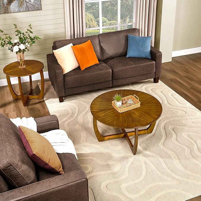 LEEMTORIG Round Wood Coffee Table, Mid Century Modern Round Walnut Coffee Tables for Living Room, 33.5" Dia. Circle Drum Coffee Table with Cross Legs, Easy Assembly, Brown Walnut KFZ-3223