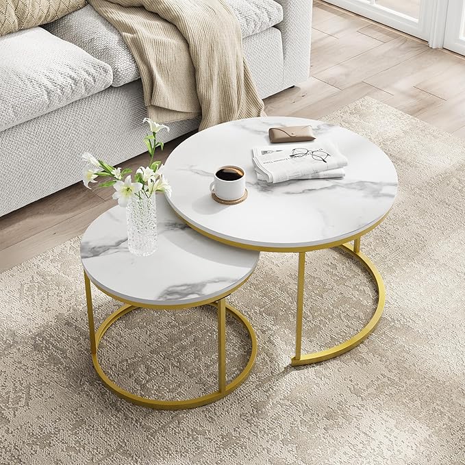 Smuxee White Nesting Coffee Table Set of 2, 27.6" Round Coffee Table Wooden Marble Pattern with Adjustable Non-Slip Feet, Industrial End Table for Living Room Bedroom Balcony