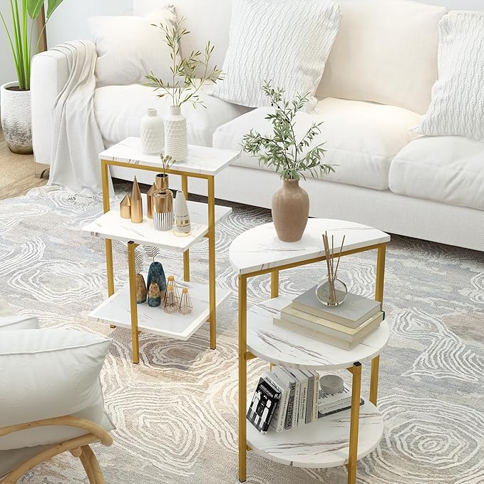 Lamerge Coffee Table Set of 3,Rectangle Coffee Table&2 Accent Table,Faux Marble Tabletop,3 Piece Living Room Table Sets with Multi Tier Storage, for Small Space, Apartment,White & Gold (LCTS-wg)