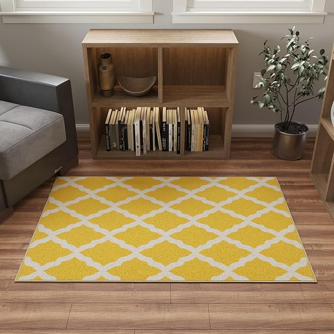 Ottomanson 3'3" x 5' Rugs for Living Room Trellis Area Rug for Bedroom - Non Slip Durable Large Floor Carpet for High Traffic Areas - Indoor Rug for Dining Room Kitchen Kids Playroom, Yellow