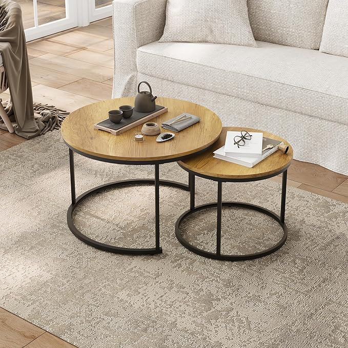 Smuxee Nesting Coffee Table Set of 2, 27.6" Round Coffee Table Wood Grain Top with Adjustable Non-Slip Feet, Industrial End Table Side Tables for Living Room Bedroom Balcony Yard