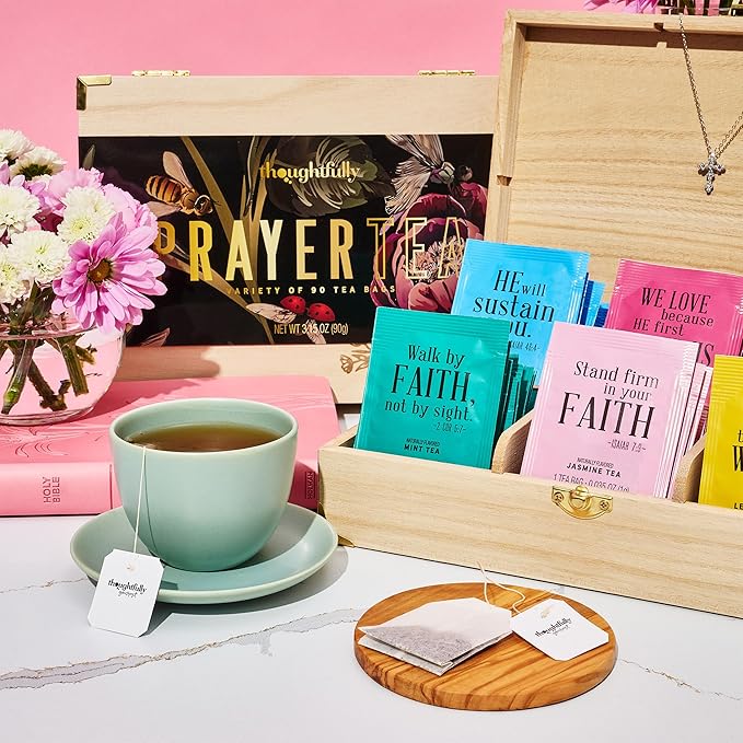 Thoughtfully Gourmet, Christian Prayer Tea Gift Set with Bible Verses, Includes 90 Teas in 6 Flavors in Premium Wooden Box, Religious Gifts for Women, Mom, Sister, Friend