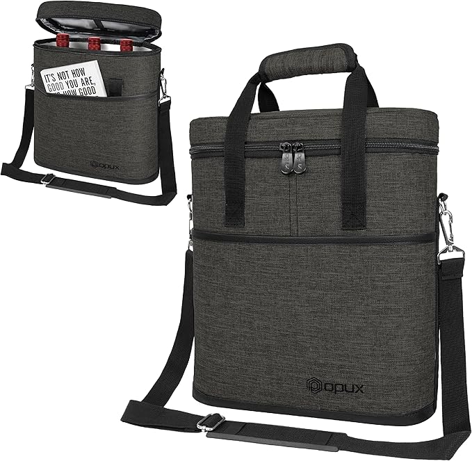 opux 3 Bottle Wine Carrier Tote, Insulated Leakproof Wine Cooler Bag, Wine Travel Bag for Picnic BYOB Beach, Portable Wine Bottle Carrying Case, Gift for Wine Lover Women Men Christmas, Charcoal Grey