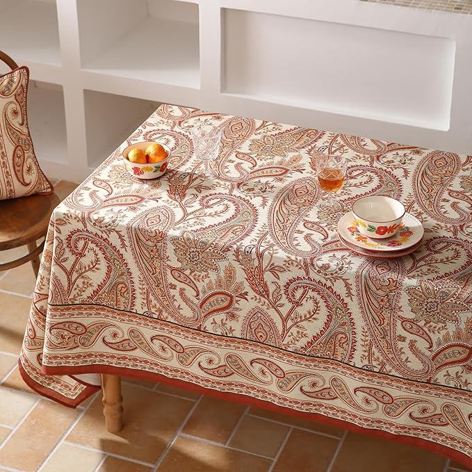 Designer French Red Extra Long Tablecloth Rectangle,Linen Table Cloth with Cashew Pattern,Stain Proof Decor Tablecloths for Dining Thanksgiving Kitchen Christmas,67"*118"-Chauffrey D