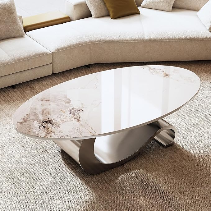 Marble Grain Coffee Table with Gold Stainless Steel Pedestal,Modern Coffee Tables,Oval Living Room Table with Faux Marble Top & Luxury Legs,Sintered Stone Cocktail Center Table,49.2 inch