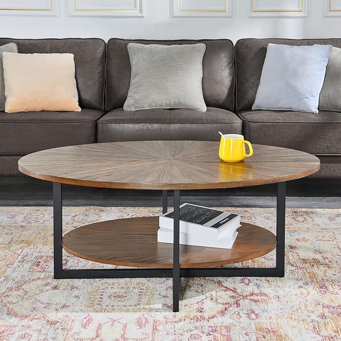 Solid Wood Oval Coffee Table with Cross Metal Legs, 43.3in Modern Industrail Center Table with Open Shelf Cocktail Tea Table for Living Room Bedroom, Rustic Brown 1811NC