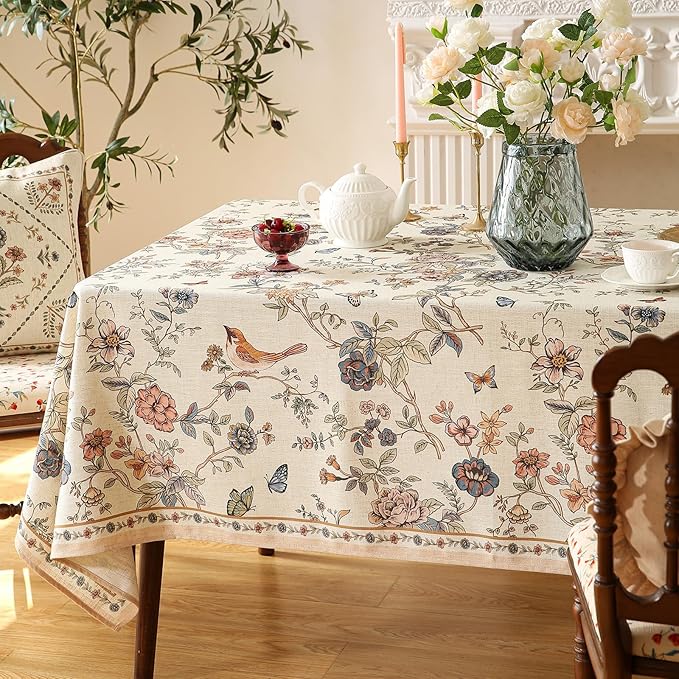 Designer French Light Beige Extra Long Rectangle Tablecloth,Linen Florals and Birds Pattern Table Cloth,Durable Decorative Tablecloths for Dining Thanksgiving Kitchen,67"*118"-Cornucopia