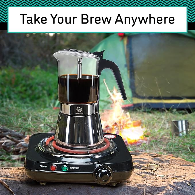 Coffee Gator 4 Cup Moka Pot, 6.7oz Stovetop Espresso Maker for Italian Coffee, Transparent Glass & Stainless Steel Design, Silver, 200ml