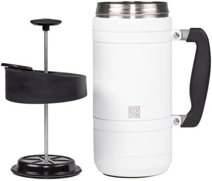 Basecamp Coffee Press - Double Wall Vacuum Insulated Stainless Steel - Bru-Stop Technology, No Grounds in Coffee, No Spill Lid (Snowflake White, 48 fl.oz)
