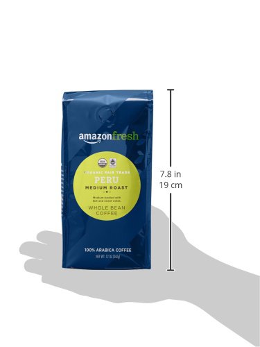 Amazon Fresh Organic Fair Trade Peru Whole Bean Coffee, Medium Roast, 12 Ounce (Pack of 3)