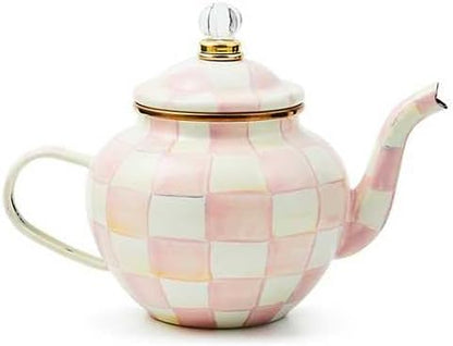 MACKENZIE-CHILDS Enamel Teapot, Cute Small Teapot with Lid, 4-Cup Capacity, Pink-and-White Rosy Check