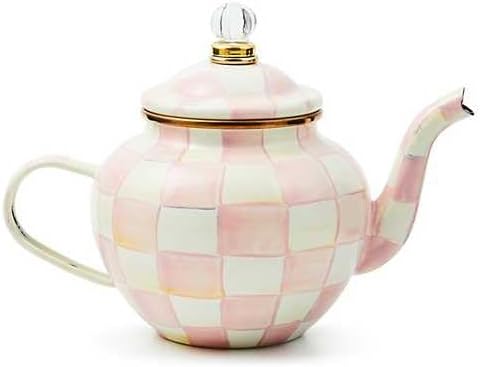 MACKENZIE-CHILDS Enamel Teapot, Cute Small Teapot with Lid, 4-Cup Capacity, Pink-and-White Rosy Check